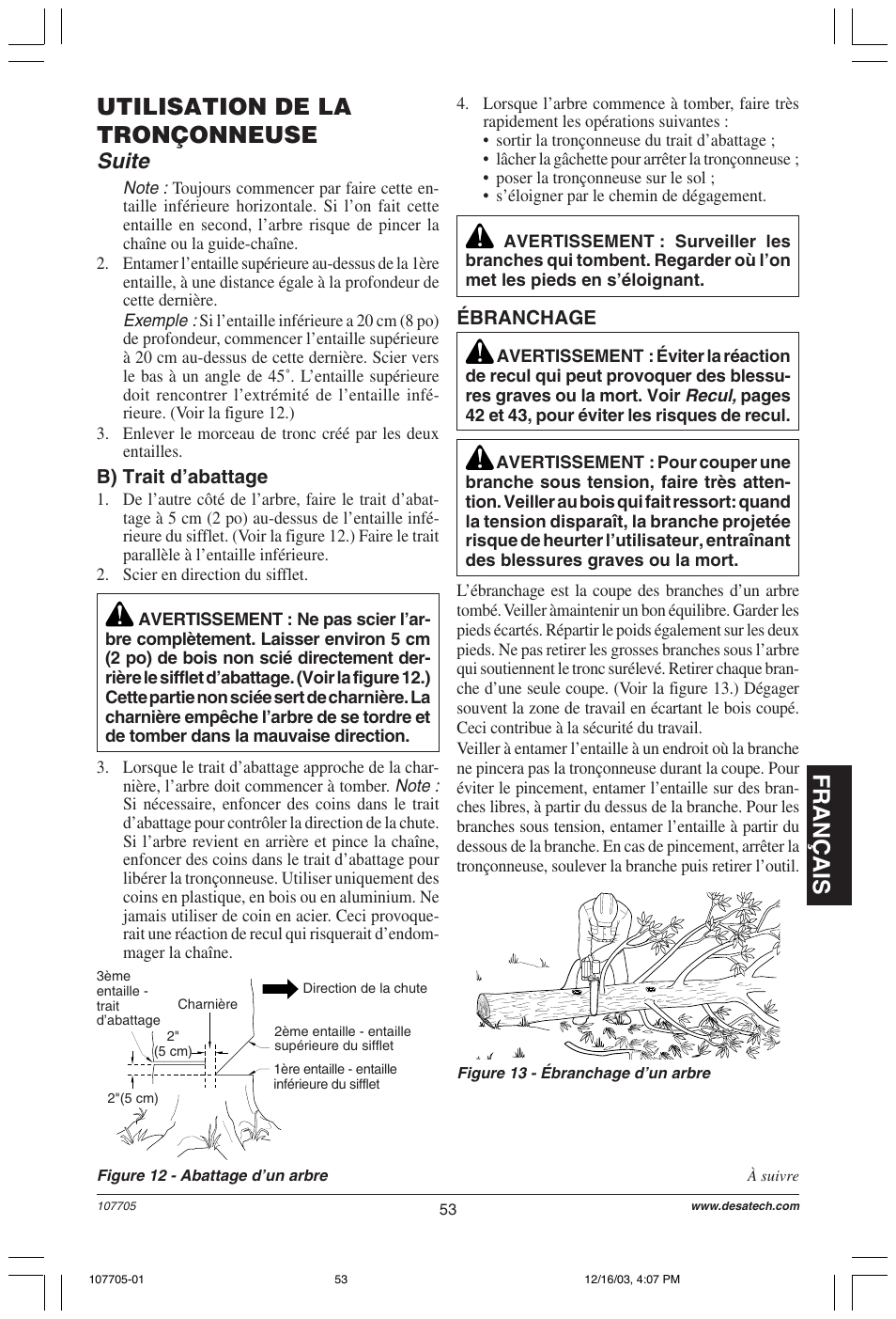 Français, Utilisation de la tronçonneuse, Suite | Desa 107624-01 User Manual | Page 53 / 68