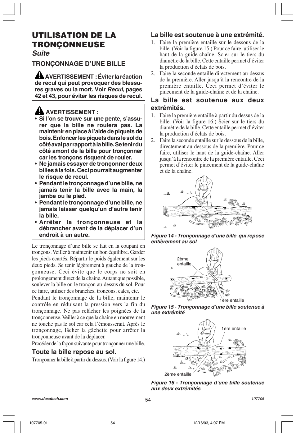 Utilisation de la tronçonneuse, Suite | Desa 107624-01 User Manual | Page 54 / 68