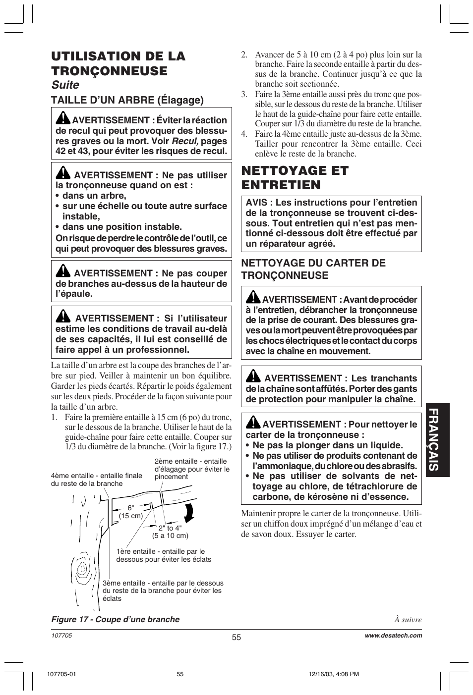 Français utilisation de la tronçonneuse, Nettoyage et entretien, Suite | Desa 107624-01 User Manual | Page 55 / 68