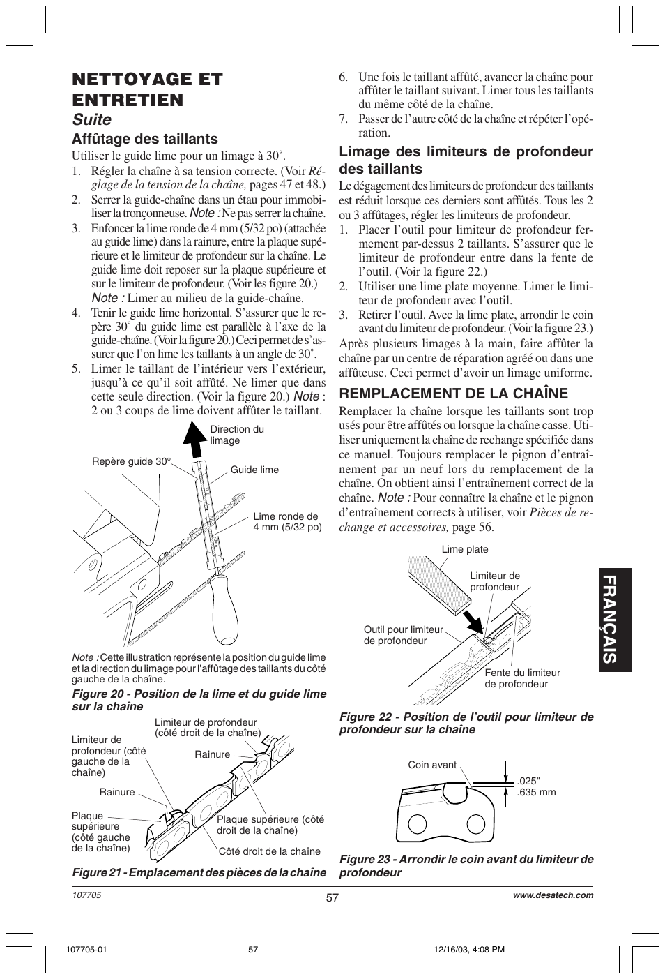 Français, Nettoyage et entretien, Suite | Affûtage des taillants, Limage des limiteurs de profondeur des taillants, Remplacement de la chaîne | Desa 107624-01 User Manual | Page 57 / 68