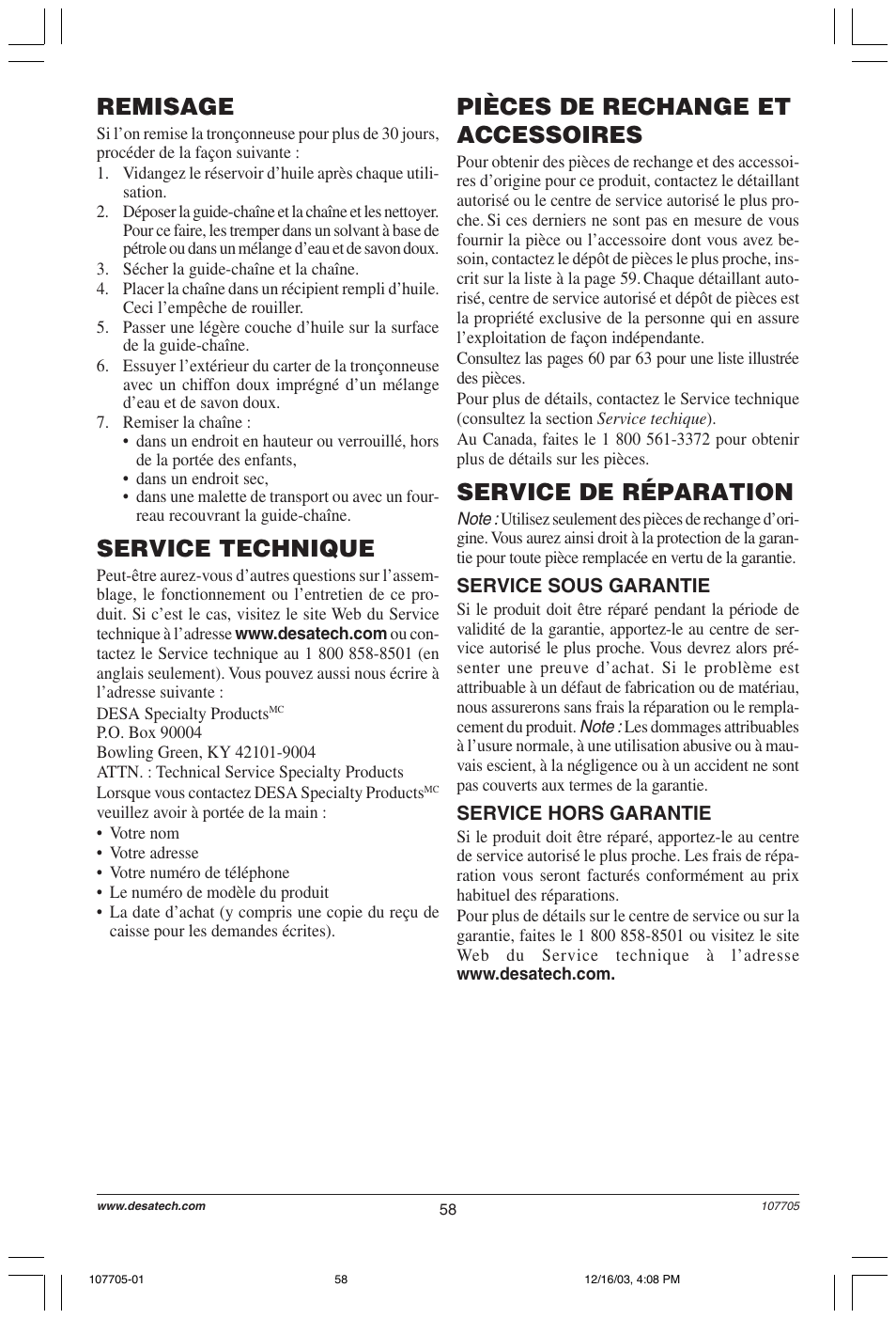 Remisage, Service de réparation, Service technique | Pièces de rechange et accessoires | Desa 107624-01 User Manual | Page 58 / 68