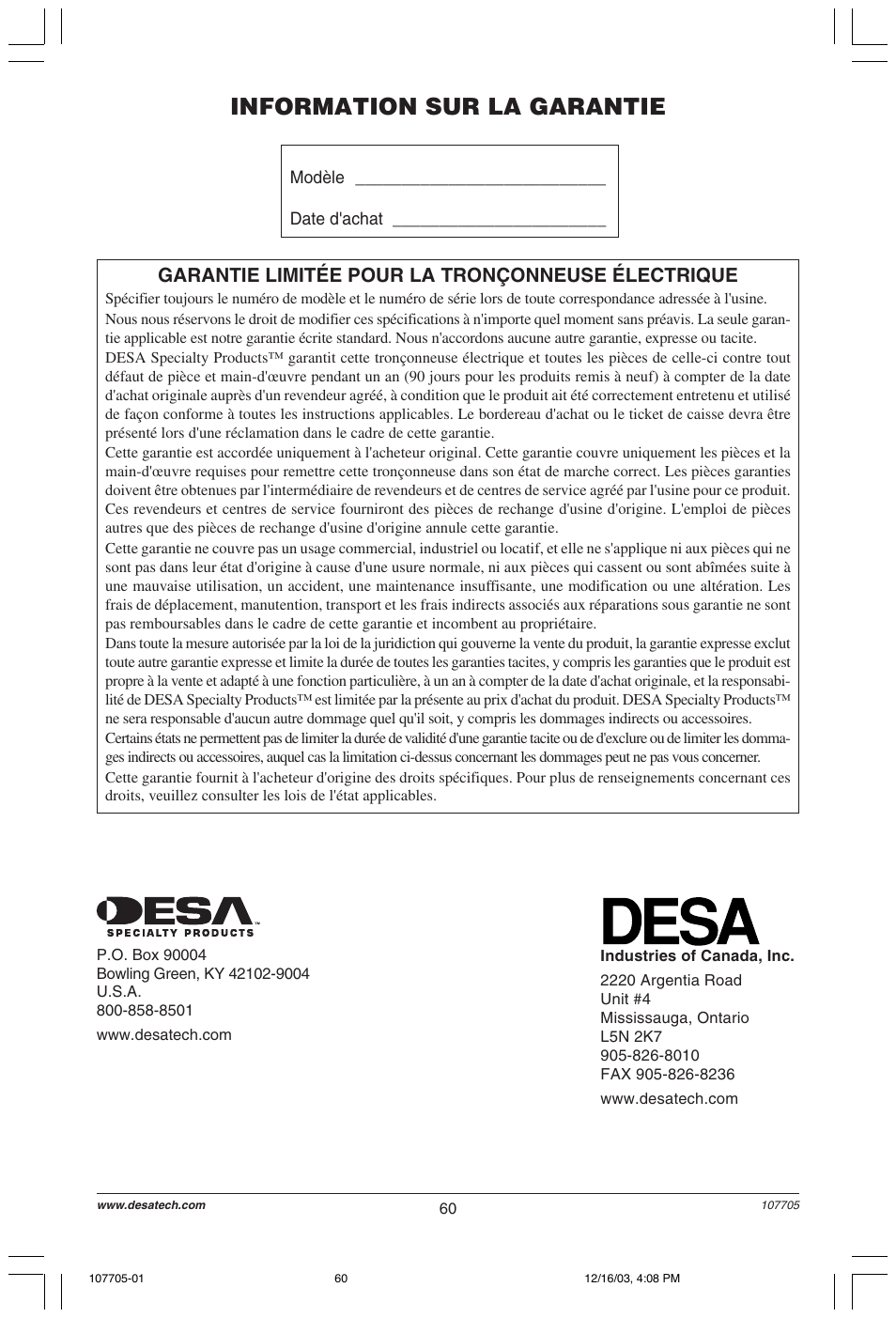 Information sur la garantie, Garantie limitée pour la tronçonneuse électrique | Desa 107624-01 User Manual | Page 60 / 68