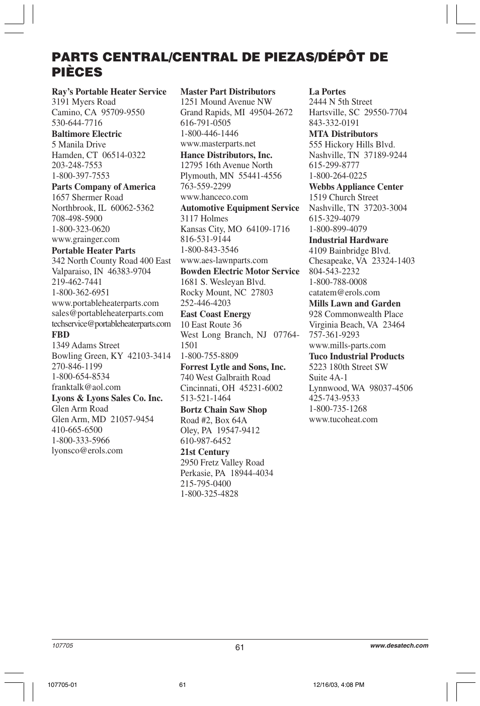 Parts central/central de piezas/dépôt de pièces | Desa 107624-01 User Manual | Page 61 / 68