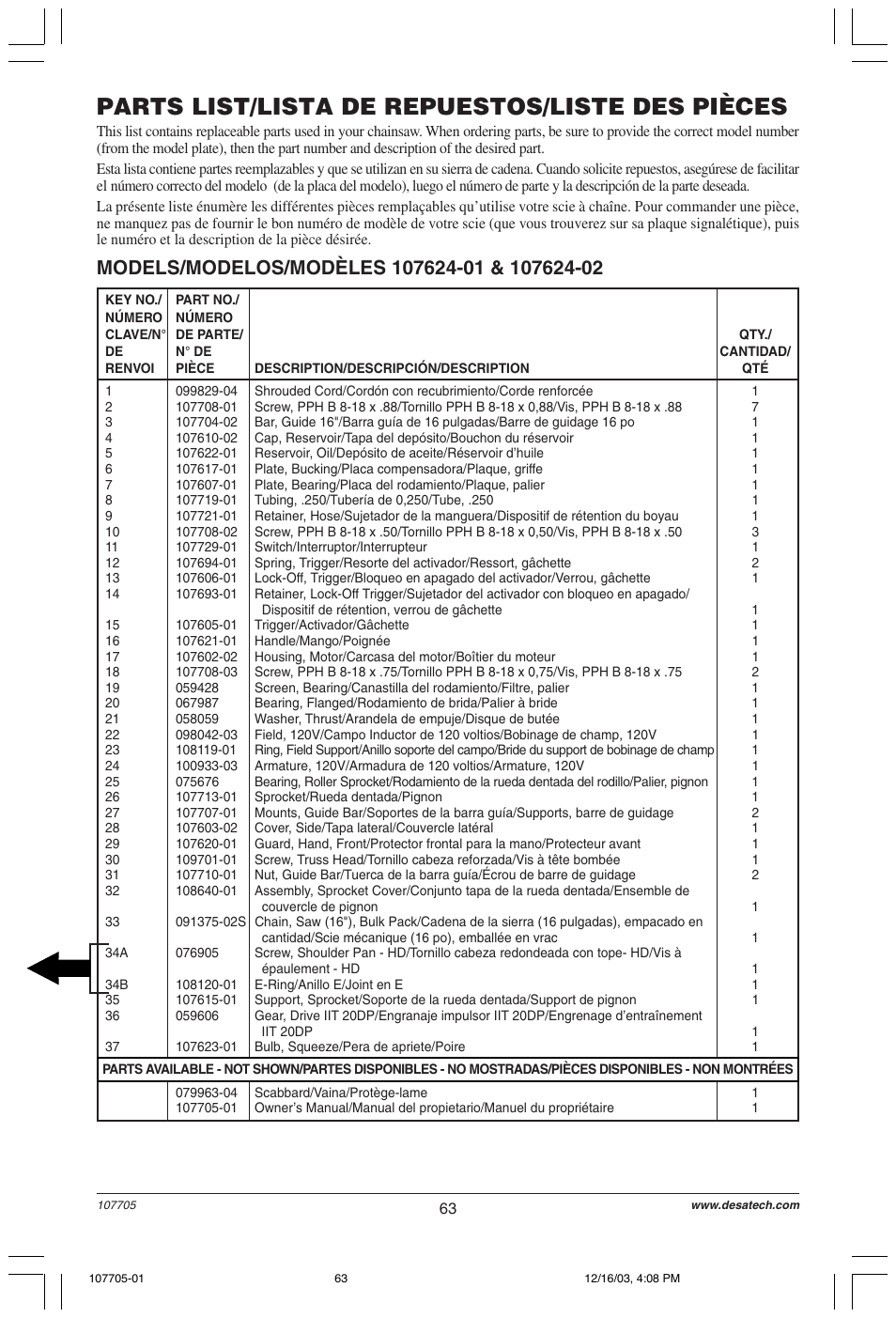 Parts list/lista de repuestos/liste des pièces | Desa 107624-01 User Manual | Page 63 / 68