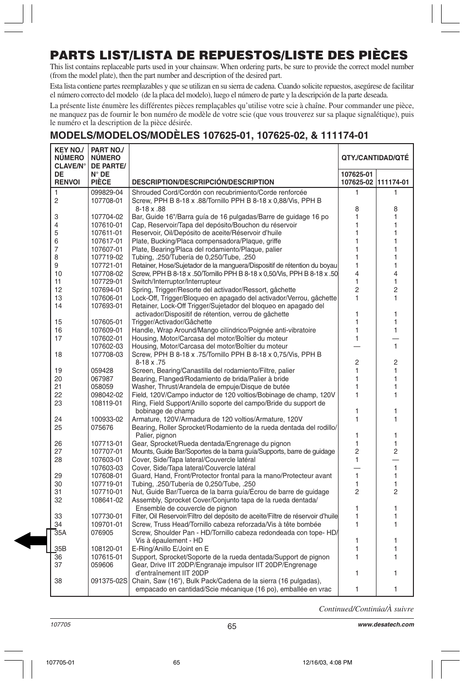 Parts list/lista de repuestos/liste des pièces | Desa 107624-01 User Manual | Page 65 / 68