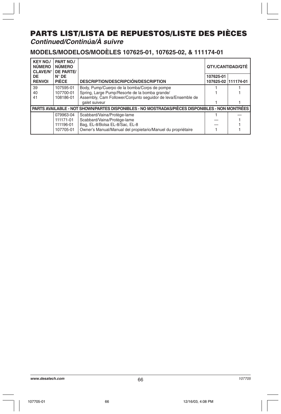 Parts list/lista de repuestos/liste des pièces, Continued/continúa/à suivre | Desa 107624-01 User Manual | Page 66 / 68