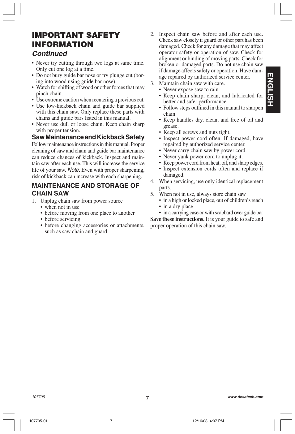 English important safety information, Continued | Desa 107624-01 User Manual | Page 7 / 68