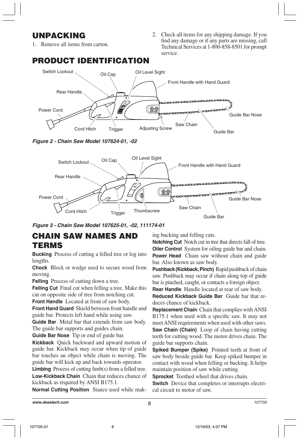 Chain saw names and terms, Product identification, Unpacking | Desa 107624-01 User Manual | Page 8 / 68