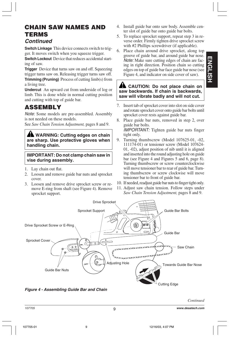 English assembly, Chain saw names and terms, Continued | Desa 107624-01 User Manual | Page 9 / 68