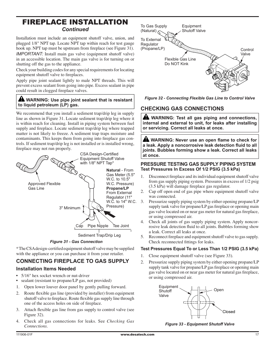 Fireplace installation | Desa V42V-A User Manual | Page 17 / 36