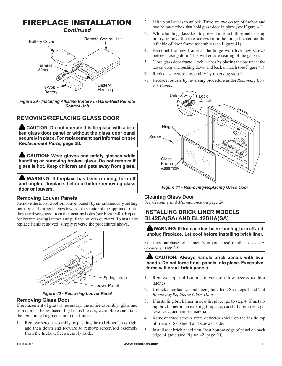 Fireplace installation | Desa V42V-A User Manual | Page 19 / 36