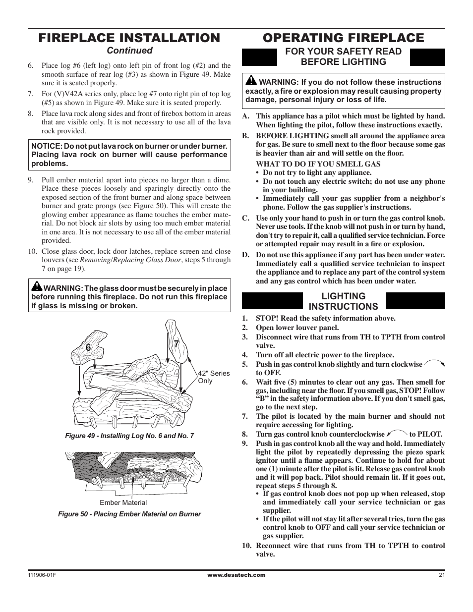 Operating fireplace, Fireplace installation | Desa V42V-A User Manual | Page 21 / 36