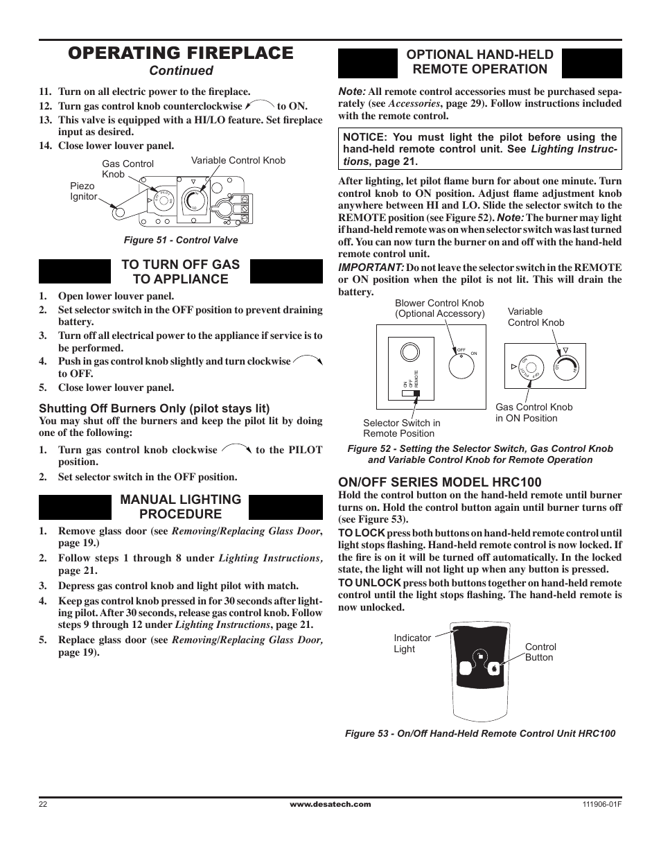 Operating fireplace, Manual lighting procedure, Continued optional hand-held remote operation | On/off series model hrc100, Shutting off burners only (pilot stays lit) | Desa V42V-A User Manual | Page 22 / 36