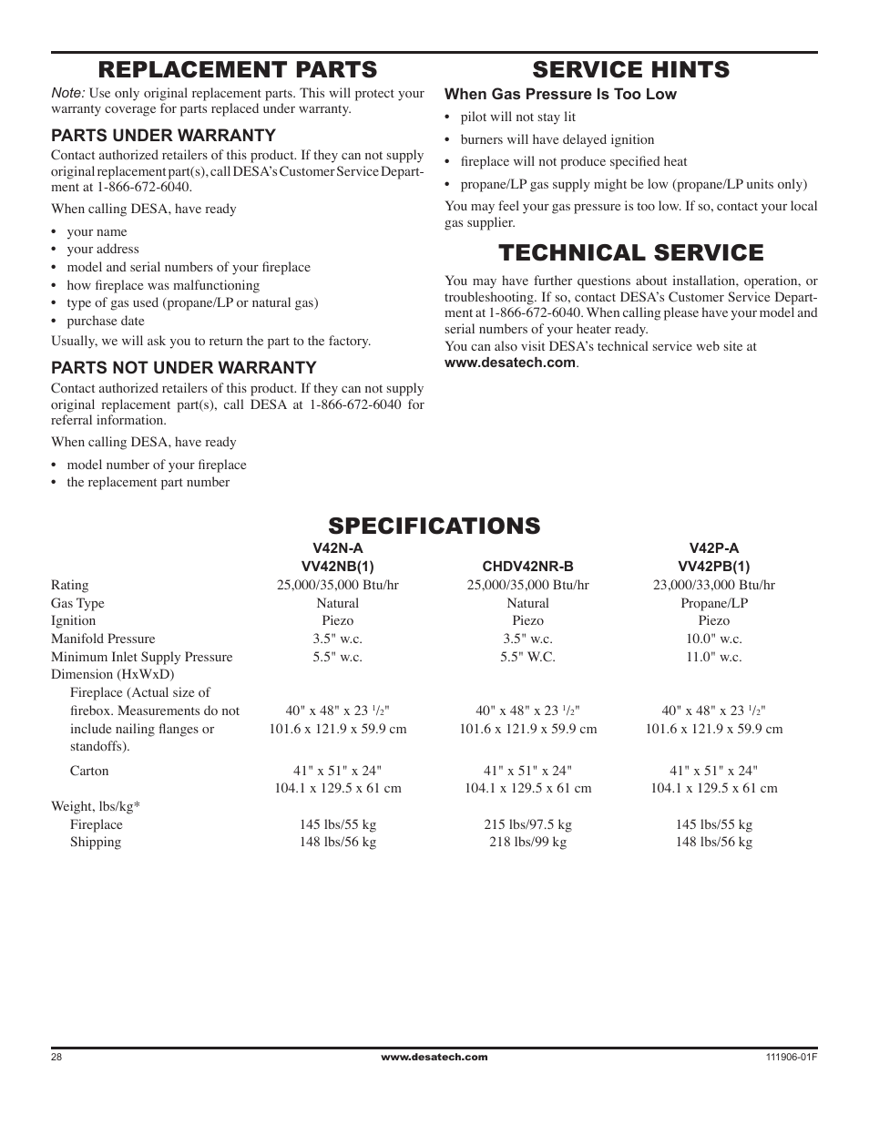 Replacement parts, Service hints, Technical service | Specifications | Desa V42V-A User Manual | Page 28 / 36