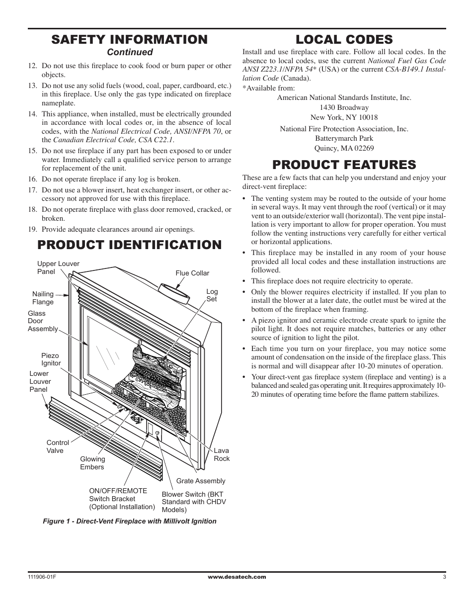 Product identification, Local codes, Product features | Product identification safety information | Desa V42V-A User Manual | Page 3 / 36