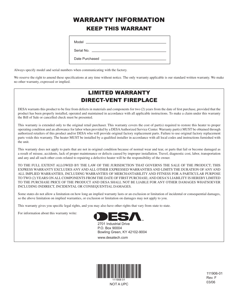 Warranty information, Limited warranty direct-vent fireplace, Keep this warrant | Desa V42V-A User Manual | Page 36 / 36