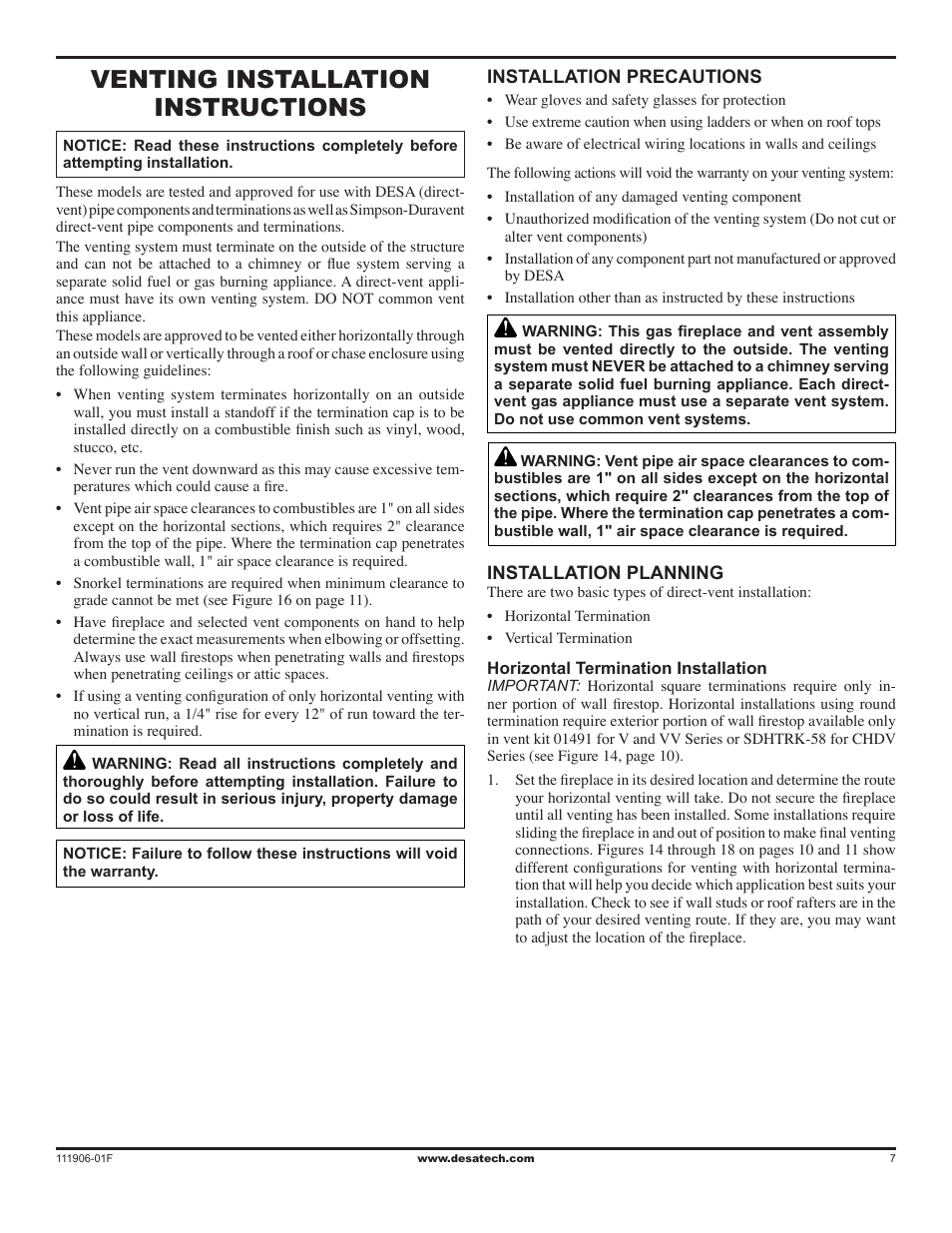 Venting installation instructions | Desa V42V-A User Manual | Page 7 / 36