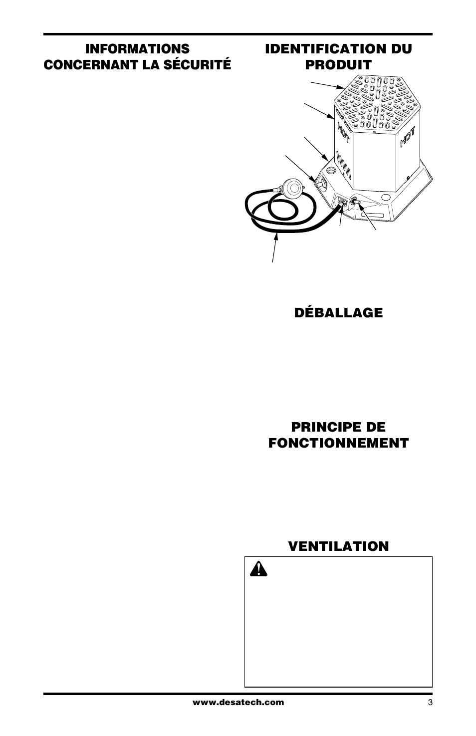 Informations concernant la sécurité, Identification du produit, Déballage | Principe de fonctionnement, Ventilation, Suite | Desa CANADIAN PROPANE CONSTRUCTION CONVECTION HEATER User Manual | Page 11 / 24