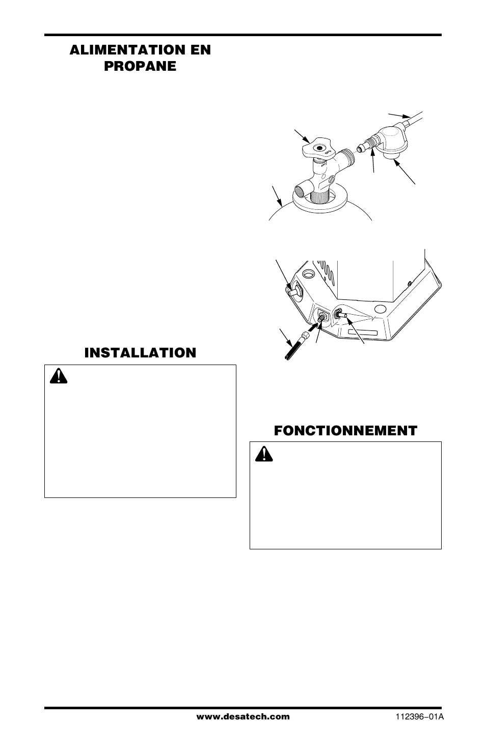 Alimentation en propane, Installation, Fonctionnement | Desa CANADIAN PROPANE CONSTRUCTION CONVECTION HEATER User Manual | Page 12 / 24