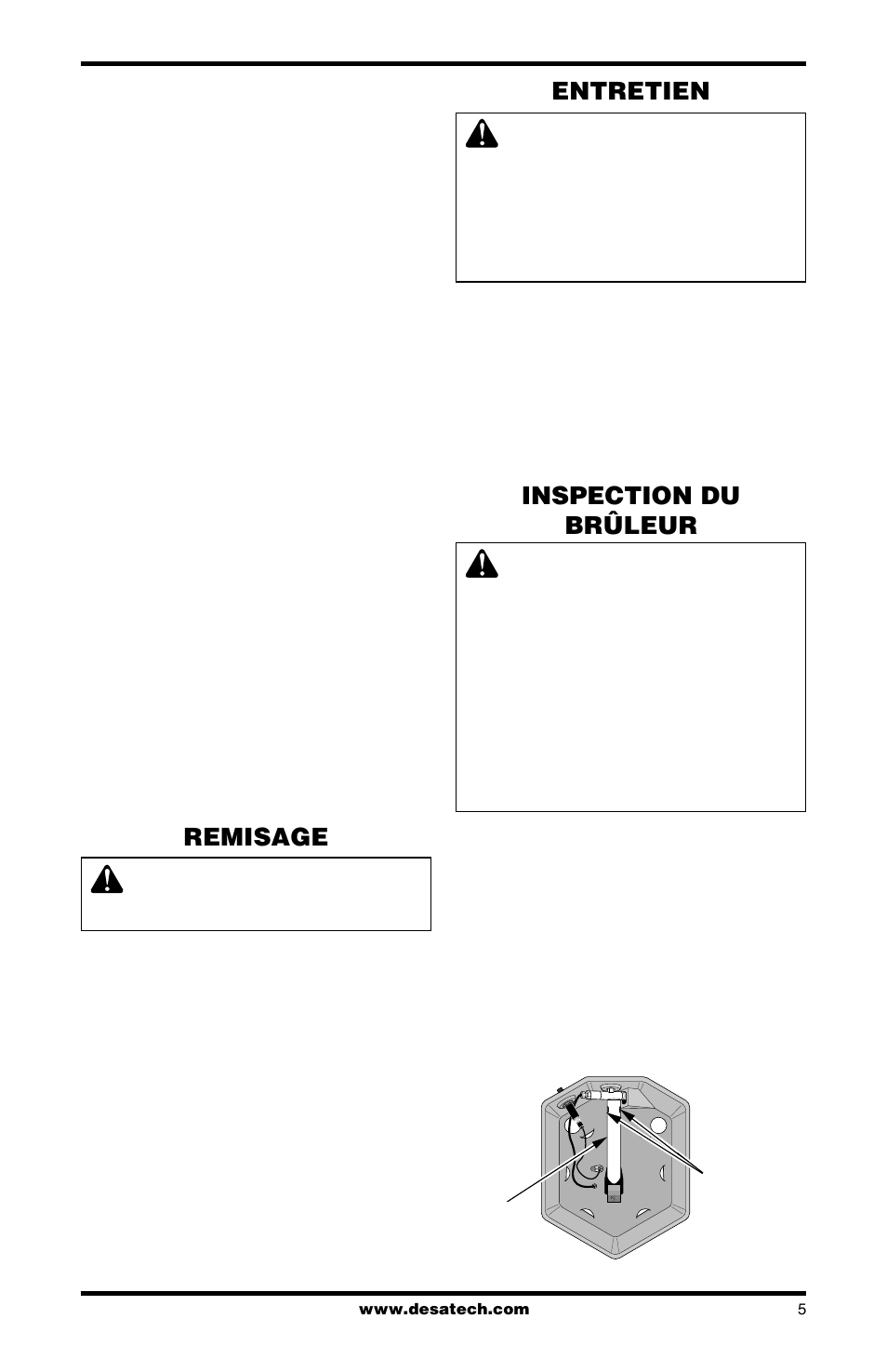 Remisage, Entretien, Inspection du brûleur | Desa CANADIAN PROPANE CONSTRUCTION CONVECTION HEATER User Manual | Page 13 / 24