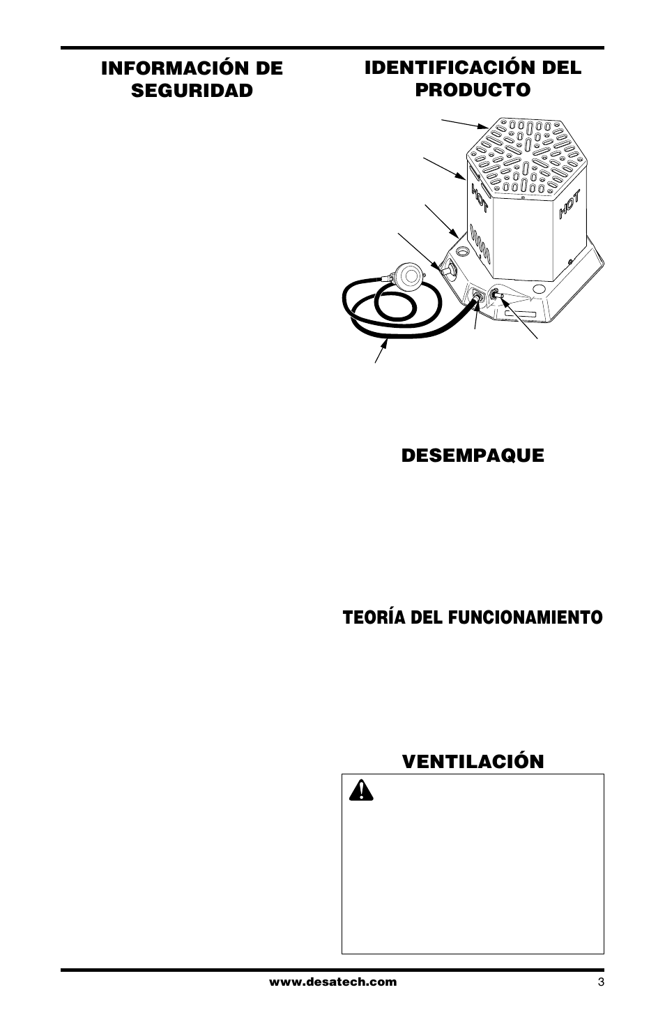 Información de seguridad, Desempaque, Teoría del funcionamiento | Ventilación, Identificación del producto | Desa CANADIAN PROPANE CONSTRUCTION CONVECTION HEATER User Manual | Page 19 / 24
