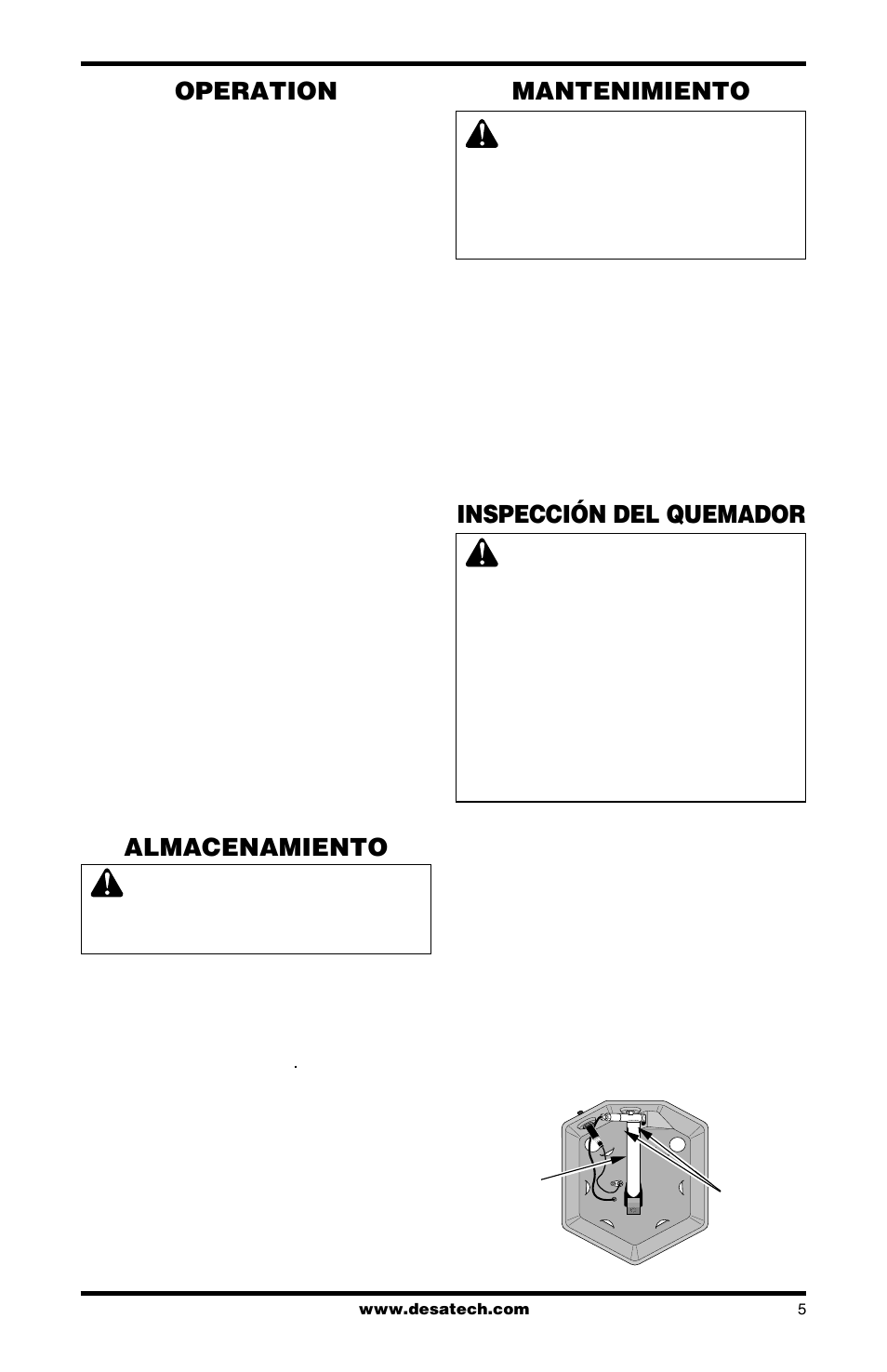 Operation, Almacenamiento, Mantenimiento | Inspección del quemador | Desa CANADIAN PROPANE CONSTRUCTION CONVECTION HEATER User Manual | Page 21 / 24