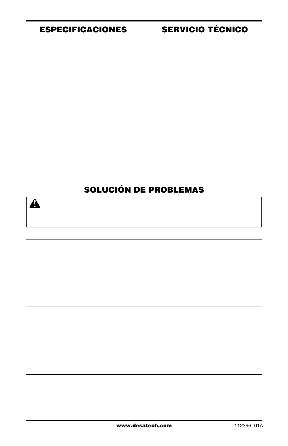 Solución de problemas servicio técnico, Especificaciones | Desa CANADIAN PROPANE CONSTRUCTION CONVECTION HEATER User Manual | Page 22 / 24