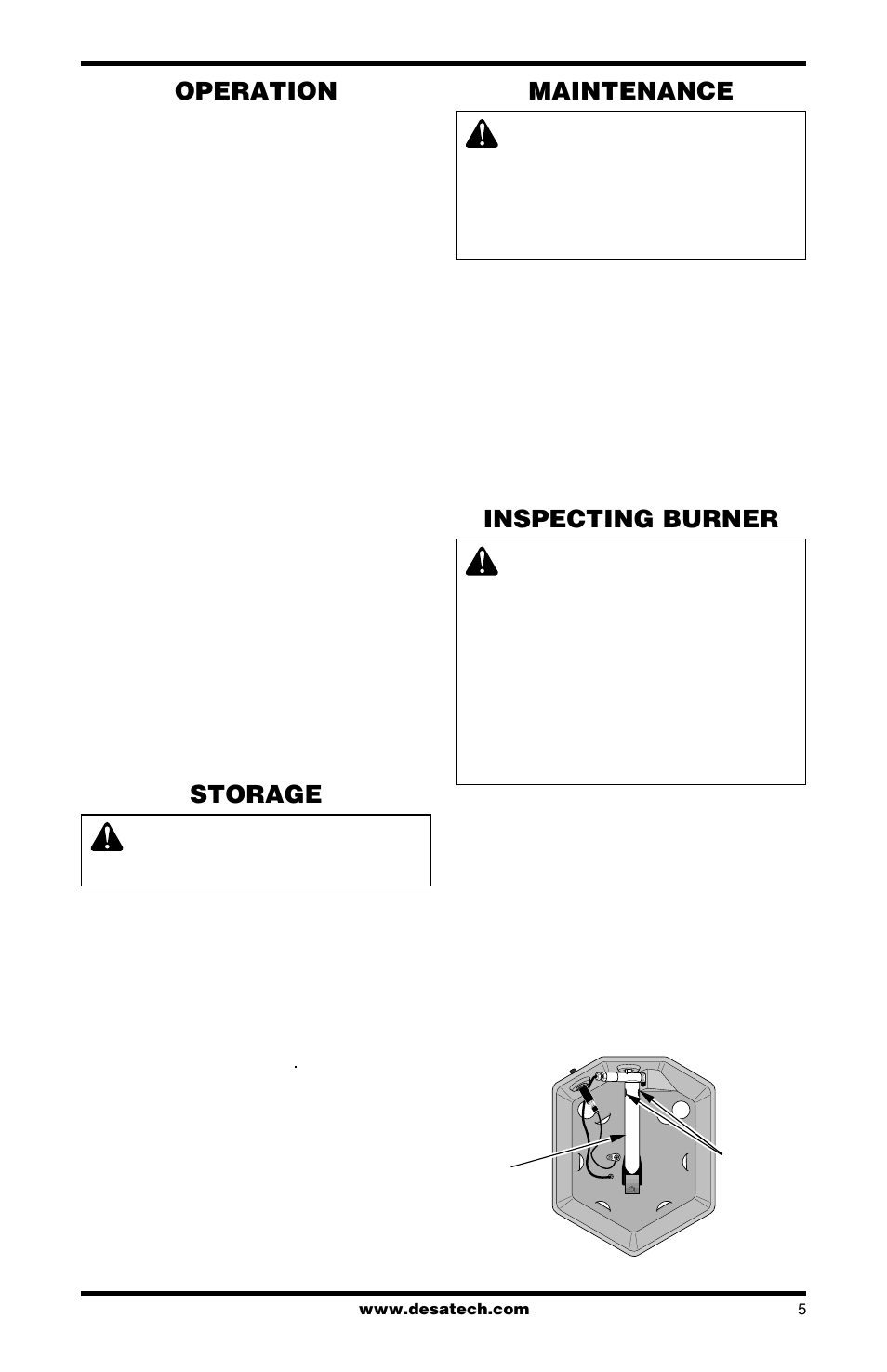 Operation, Storage, Maintenance | Inspecting burner | Desa CANADIAN PROPANE CONSTRUCTION CONVECTION HEATER User Manual | Page 5 / 24