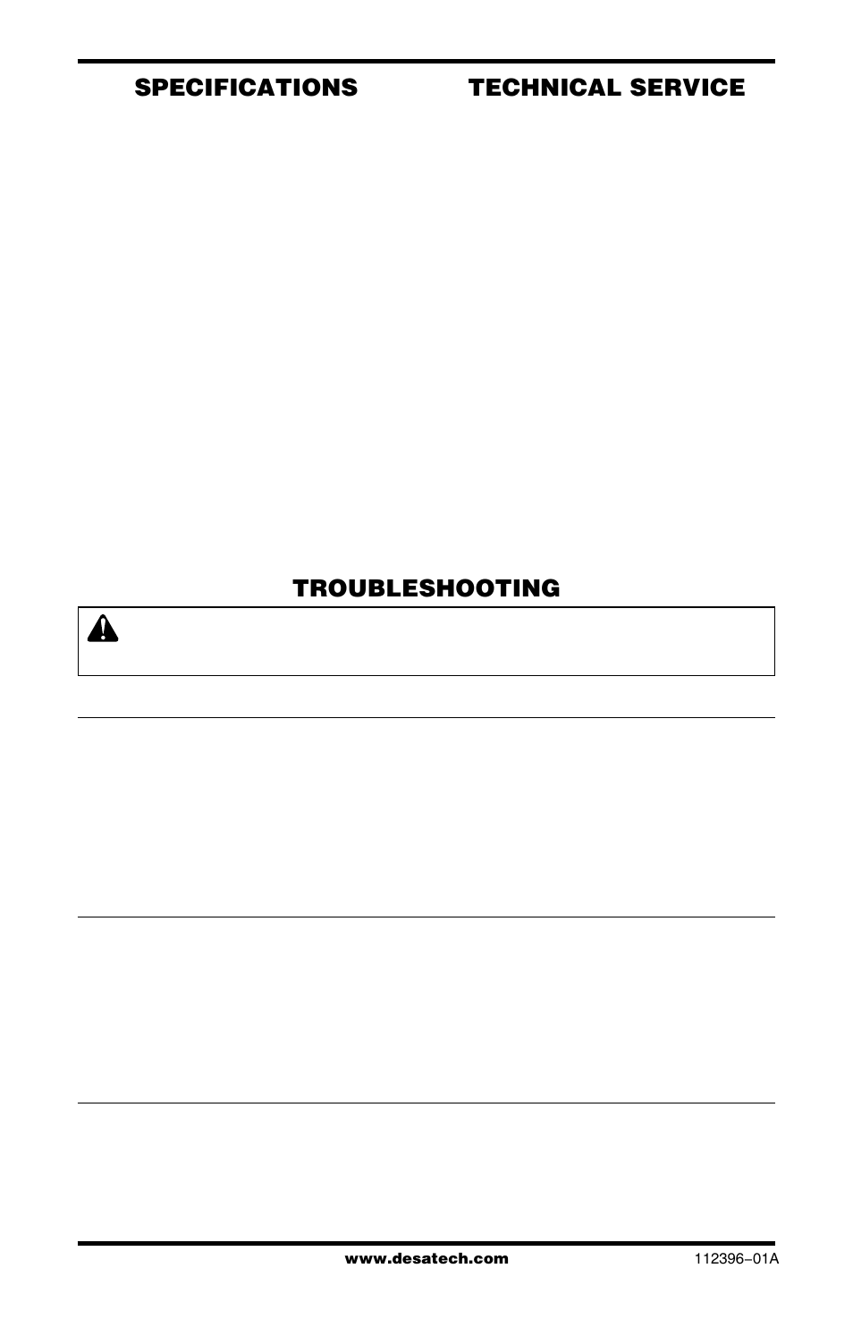 Troubleshooting specifications, Technical service | Desa CANADIAN PROPANE CONSTRUCTION CONVECTION HEATER User Manual | Page 6 / 24