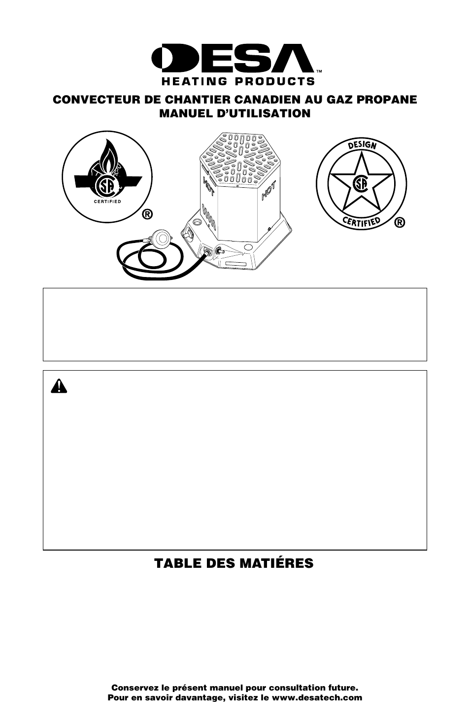 Table des matiéres | Desa CANADIAN PROPANE CONSTRUCTION CONVECTION HEATER User Manual | Page 9 / 24