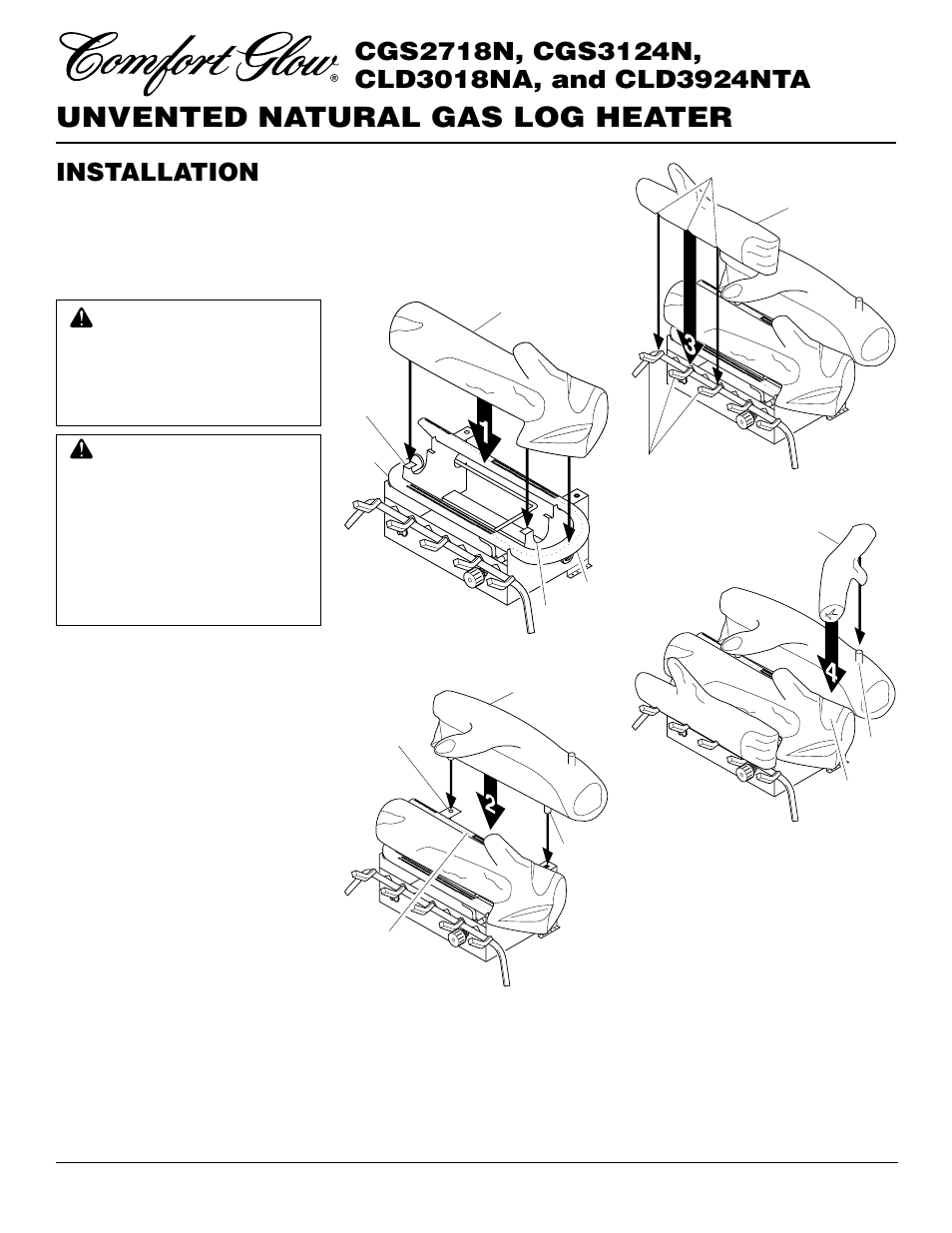 Unvented natural gas log heater, Installation, Continued | Desa CGS2718N User Manual | Page 14 / 32