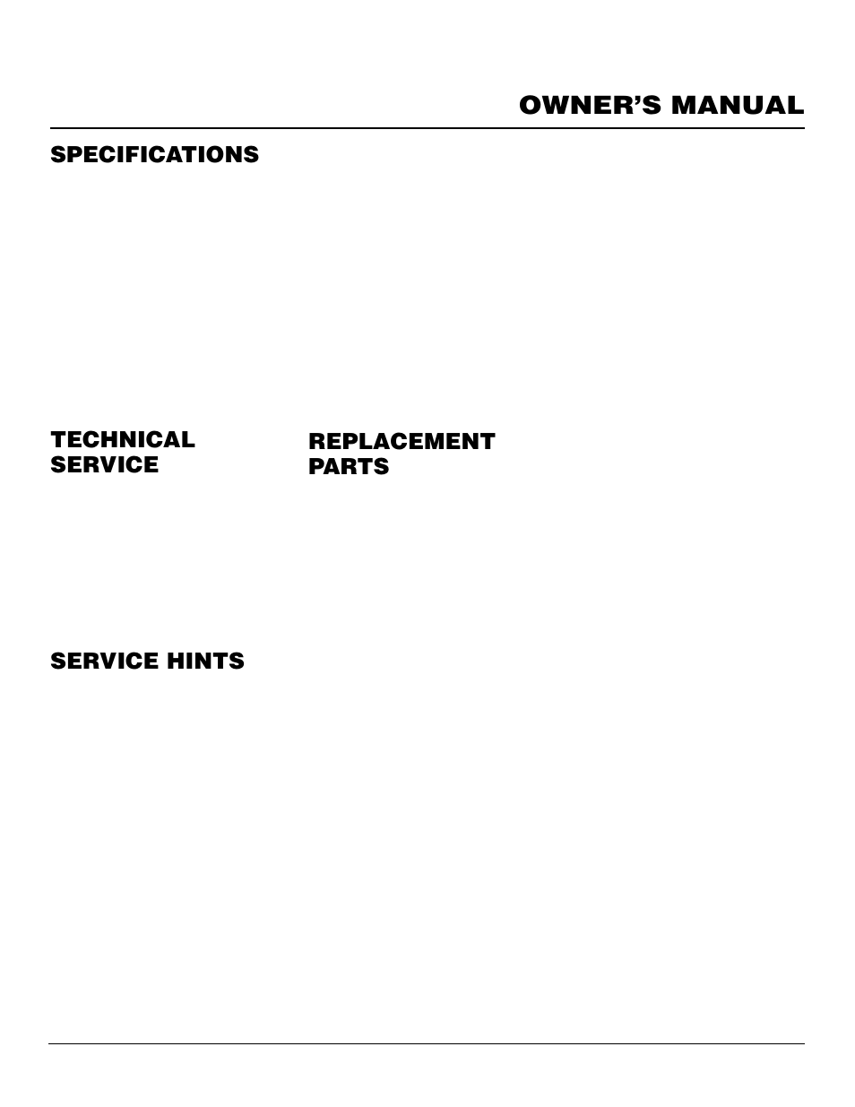 Owner’s manual, Specifications technical service, Service hints | Replacement parts | Desa CGS2718N User Manual | Page 23 / 32