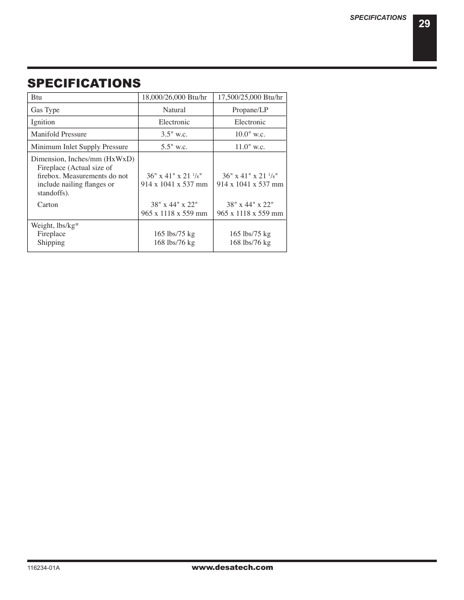 Specifications | Desa (V)TC36NE SERIES User Manual | Page 29 / 38