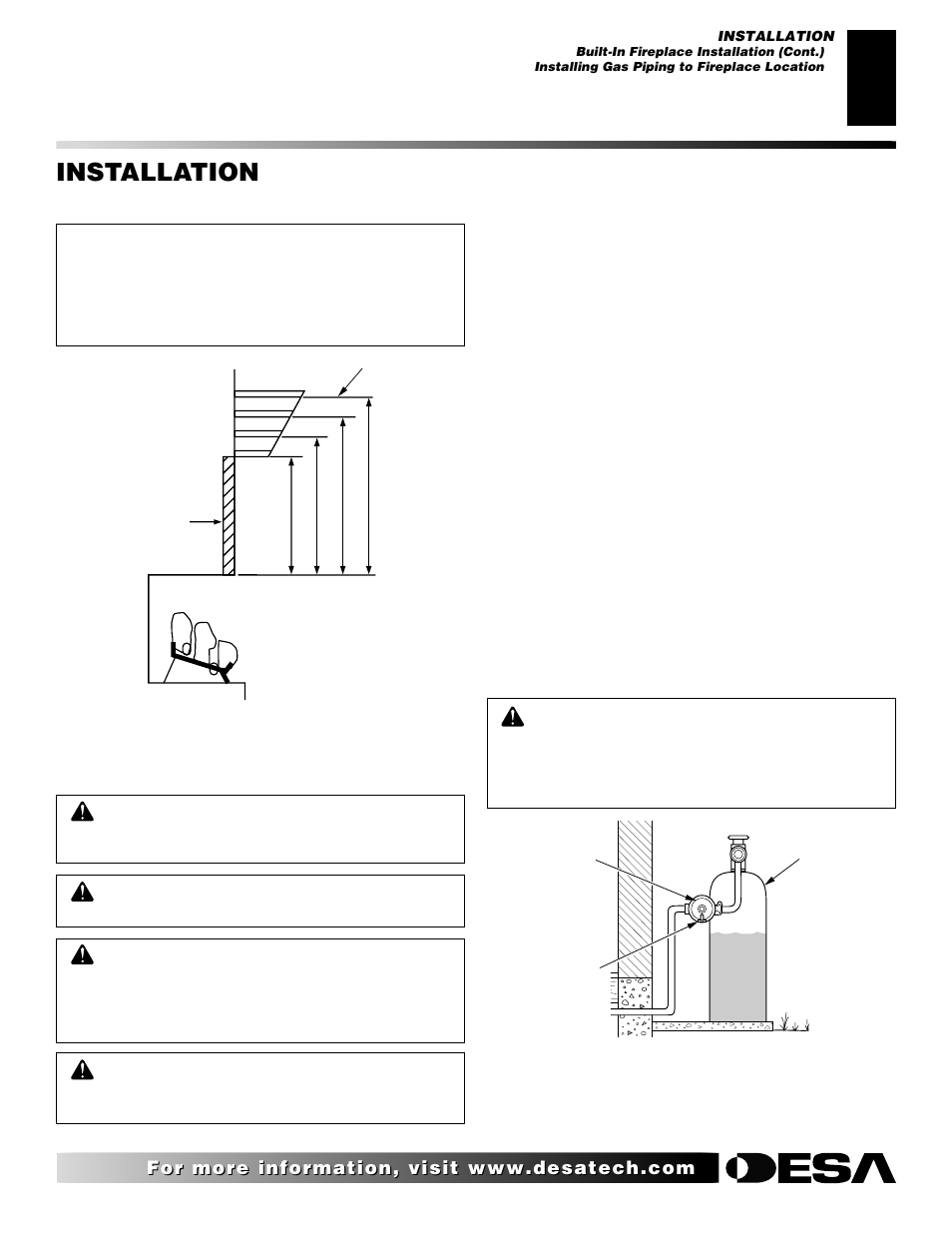 Installation, Continued, Installing gas piping to fireplace location | Desa EFS33NR  EN User Manual | Page 11 / 34