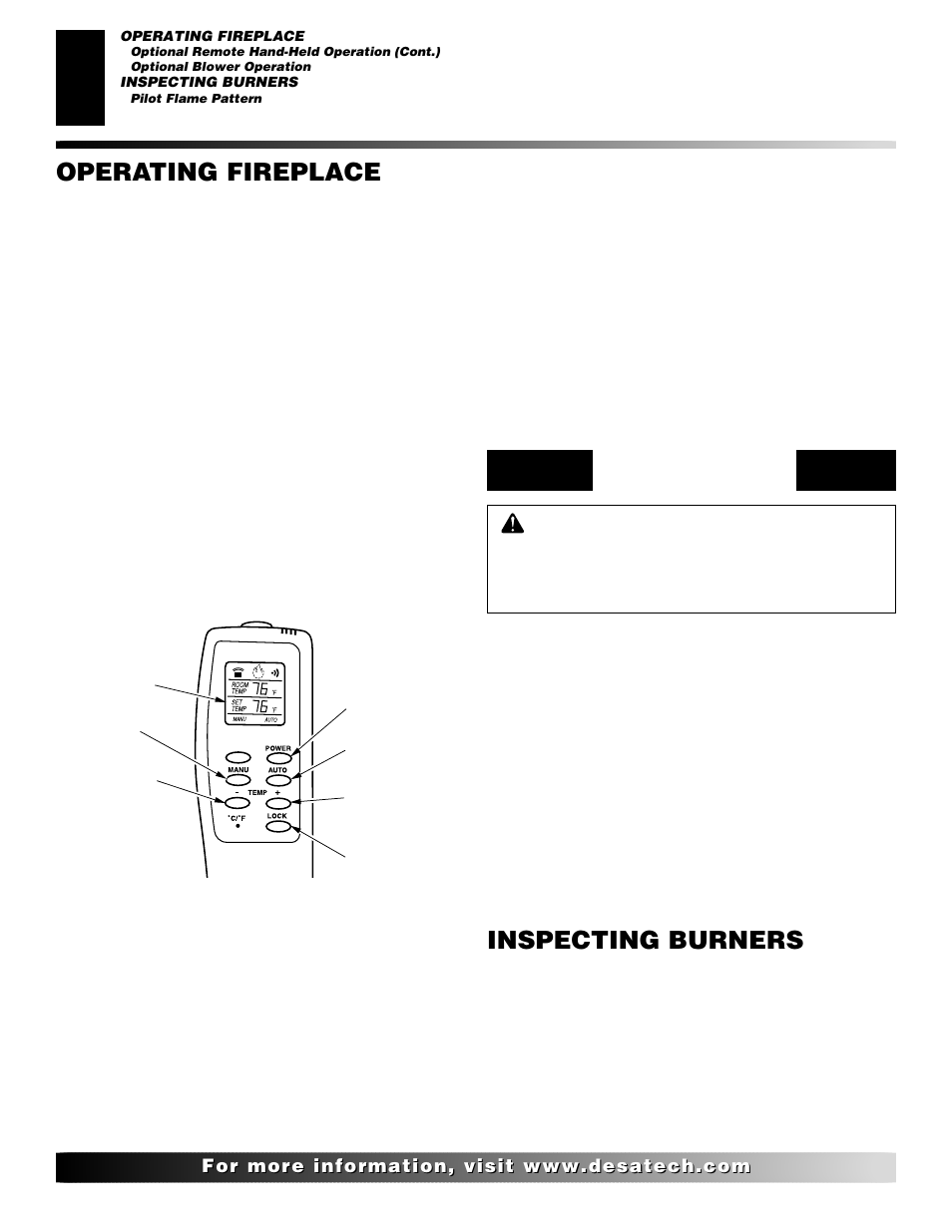 Inspecting burners, Operating fireplace, Continued | Desa EFS33NR  EN User Manual | Page 18 / 34