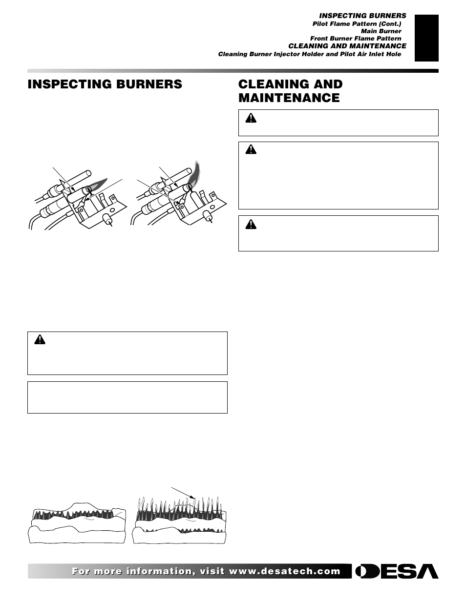 Cleaning and maintenance, Inspecting burners, Continued | Desa EFS33NR  EN User Manual | Page 19 / 34
