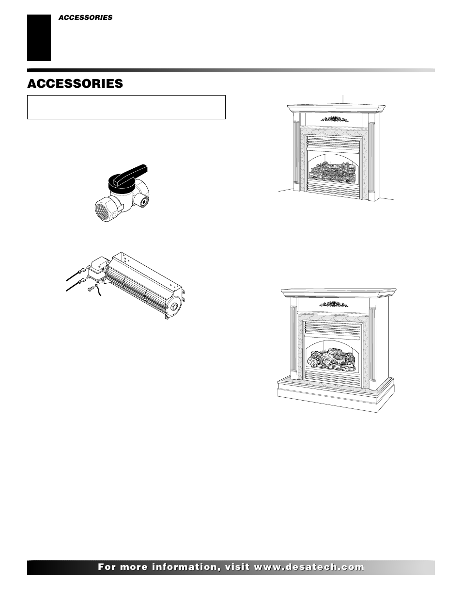 Accessories, Equipment shutoff valve - ga5010, Duplex outlet kit - ga3555 (not shown) | Fire crackle - cf6a, Corner mantel, Cabinet mantel | Desa EFS33NR  EN User Manual | Page 28 / 34