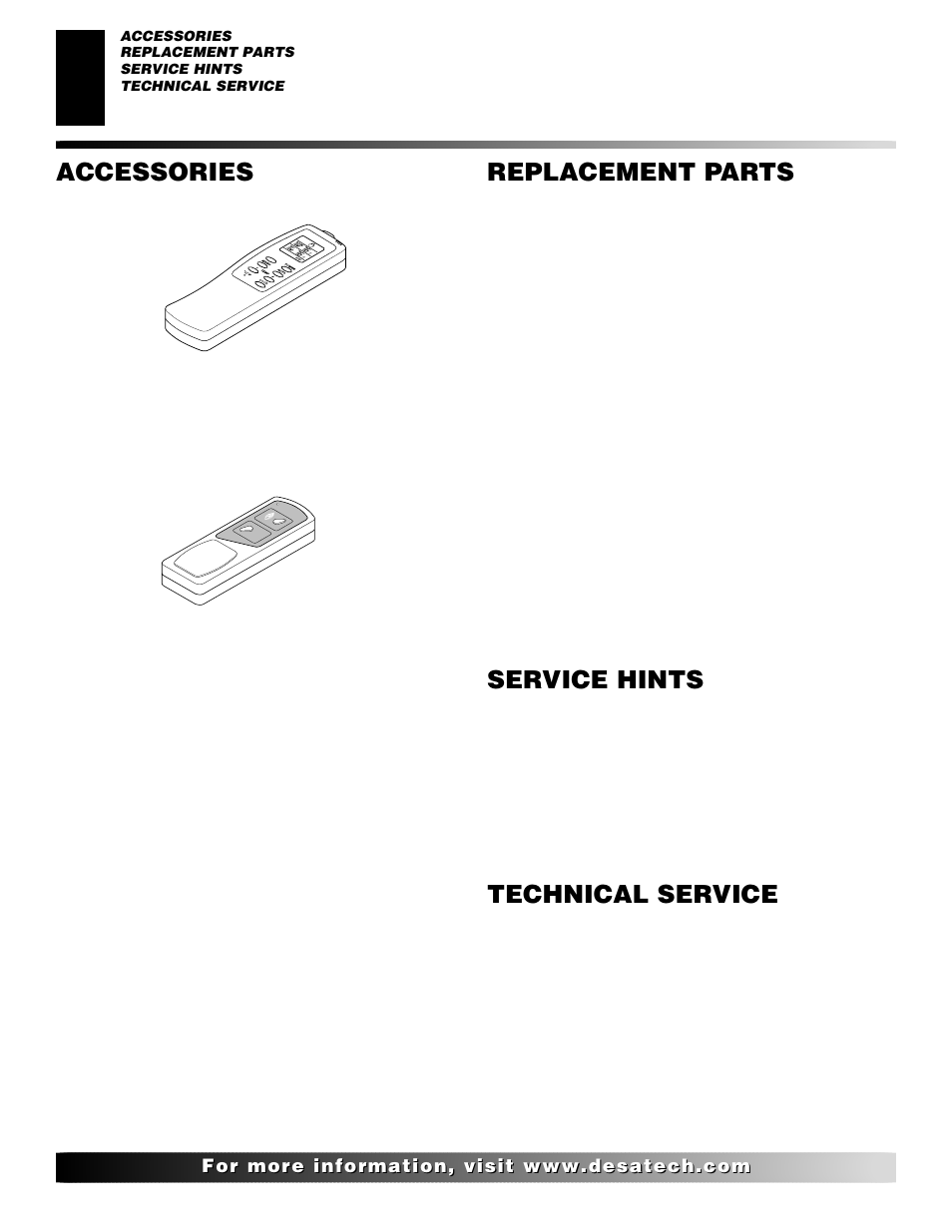 Accessories, Technical service, Replacement parts | Service hints | Desa EFS33NR  EN User Manual | Page 30 / 34