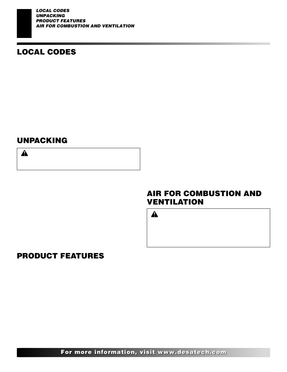 Local codes, Unpacking, Product features | Air for combustion and ventilation | Desa EFS33NR  EN User Manual | Page 4 / 34