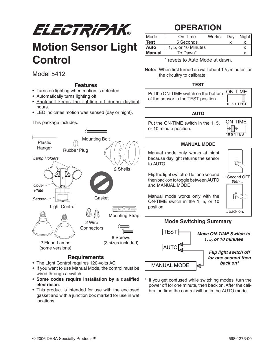Desa Motion Sensor Light Control 5412 User Manual | 8 pages