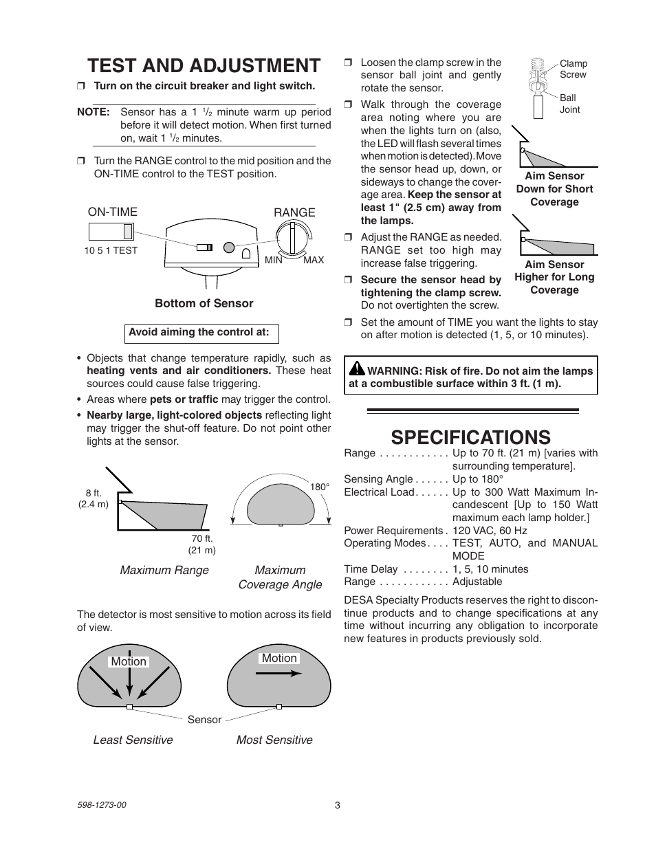 Test and adjustment, Specifications | Desa Motion Sensor Light Control 5412 User Manual | Page 3 / 8