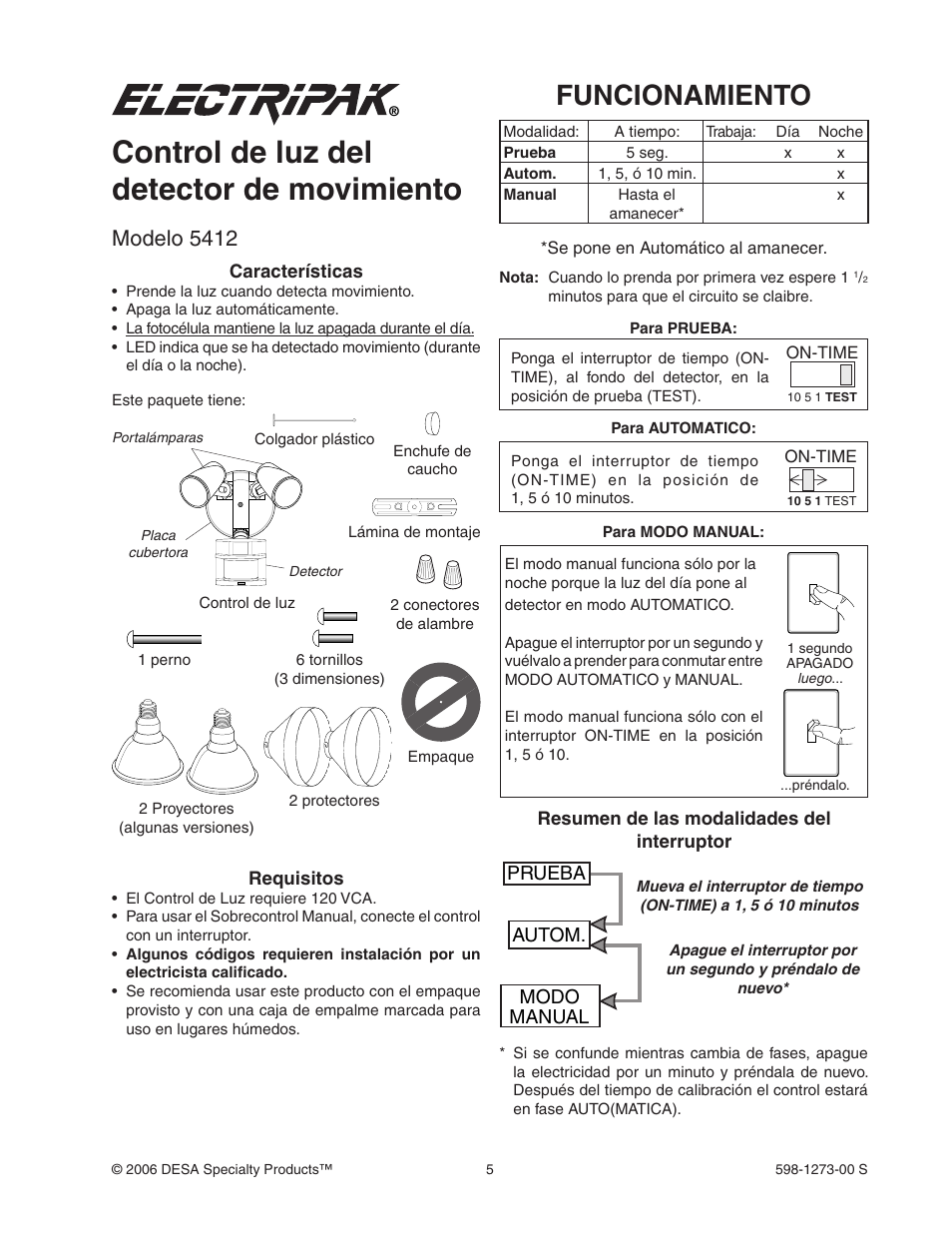 Control de luz del detector de movimiento, Funcionamiento, Modelo 5412 | Prueba autom. modo manual | Desa Motion Sensor Light Control 5412 User Manual | Page 5 / 8