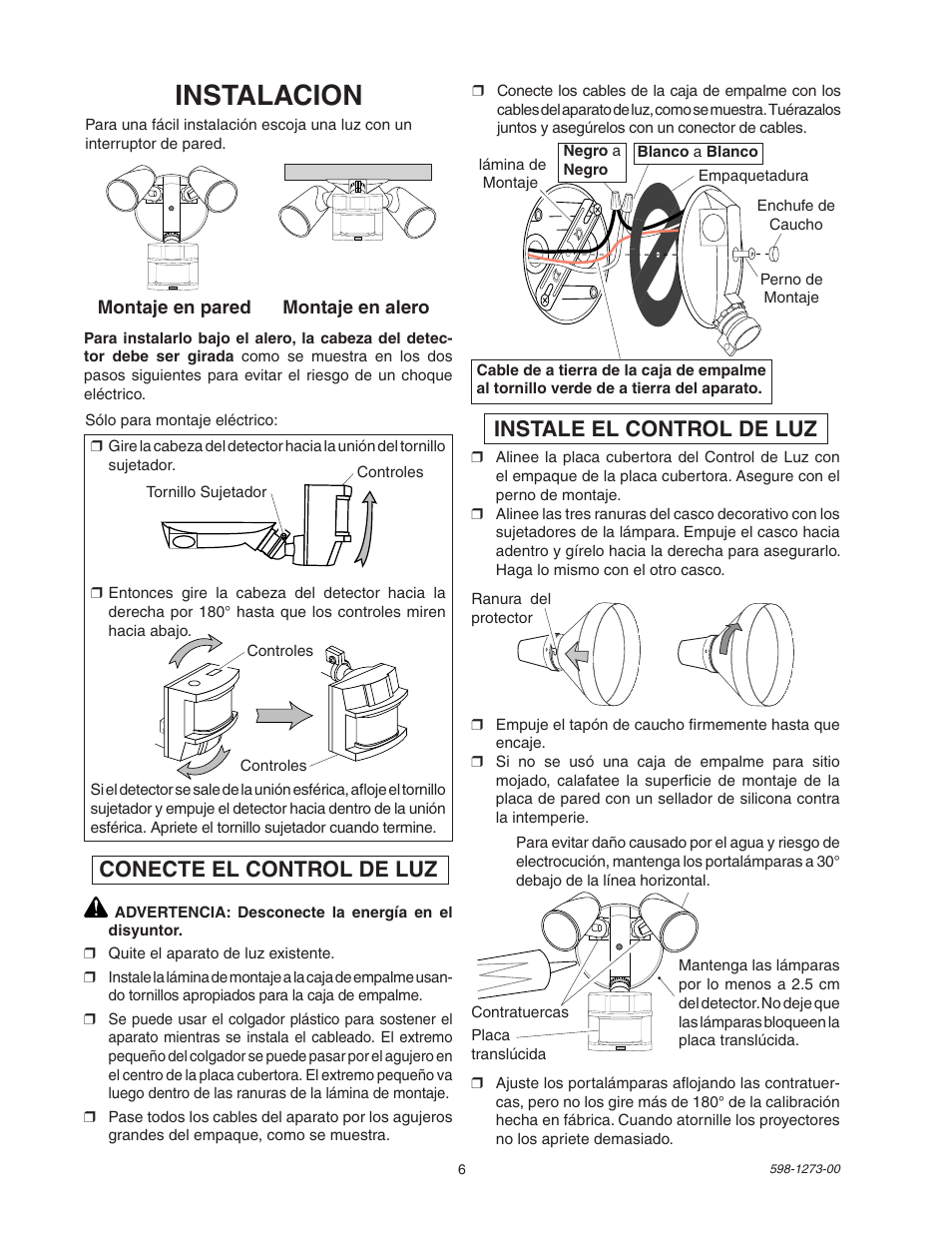 Instalacion, Conecte el control de luz, Instale el control de luz | Desa Motion Sensor Light Control 5412 User Manual | Page 6 / 8