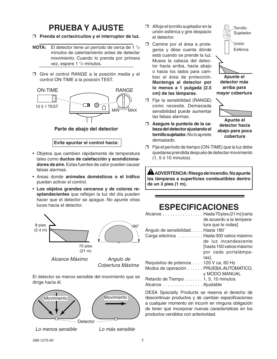Prueba y ajuste, Especificaciones | Desa Motion Sensor Light Control 5412 User Manual | Page 7 / 8