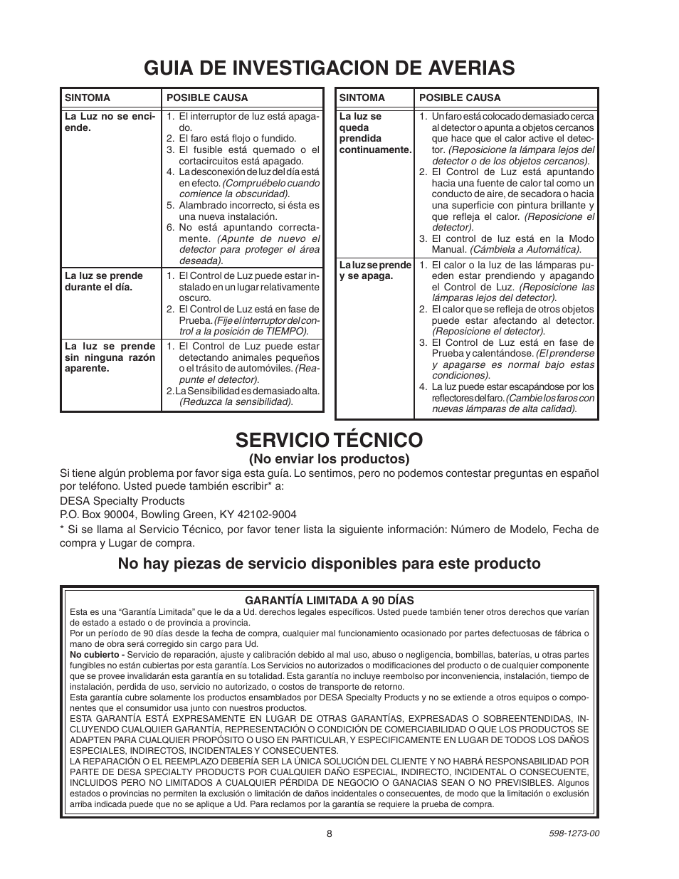 Guia de investigacion de averias, Servicio técnico | Desa Motion Sensor Light Control 5412 User Manual | Page 8 / 8