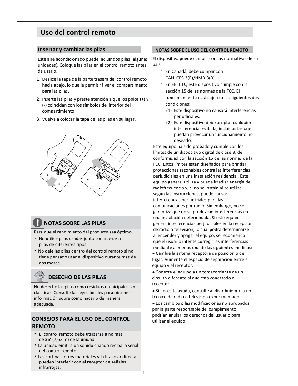 Uso del control remoto, Insertar y cambiar las pilas, Notas sobre las pilas | Desecho de las pilas, Consejos para el uso del control remoto | Keystone Slider/Casement Window Air Conditioner Owners Guide - Remote Controller User Manual | Page 18 / 28