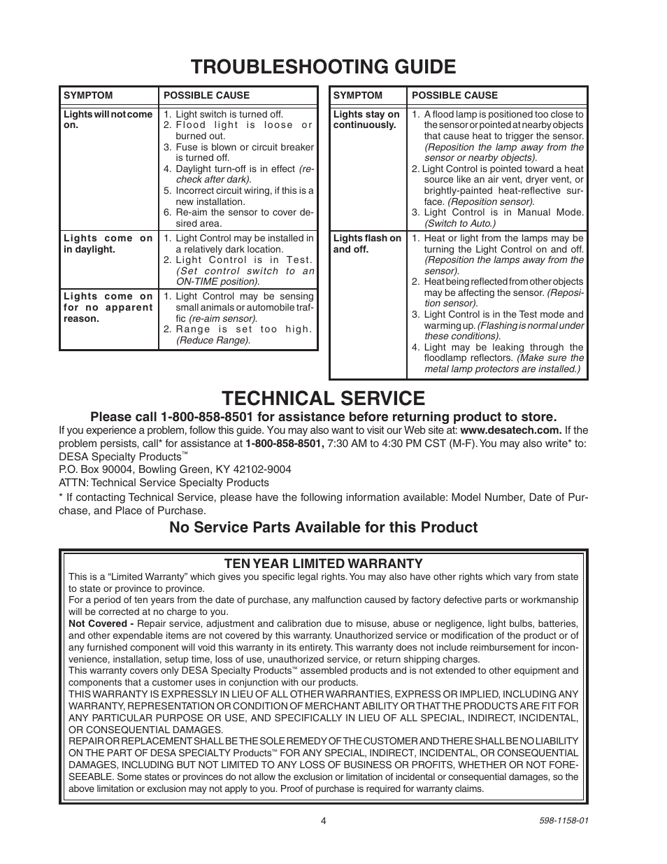 Troubleshooting guide technical service, No service parts available for this product, Ten year limited warranty | Desa SH-5412 User Manual | Page 4 / 8