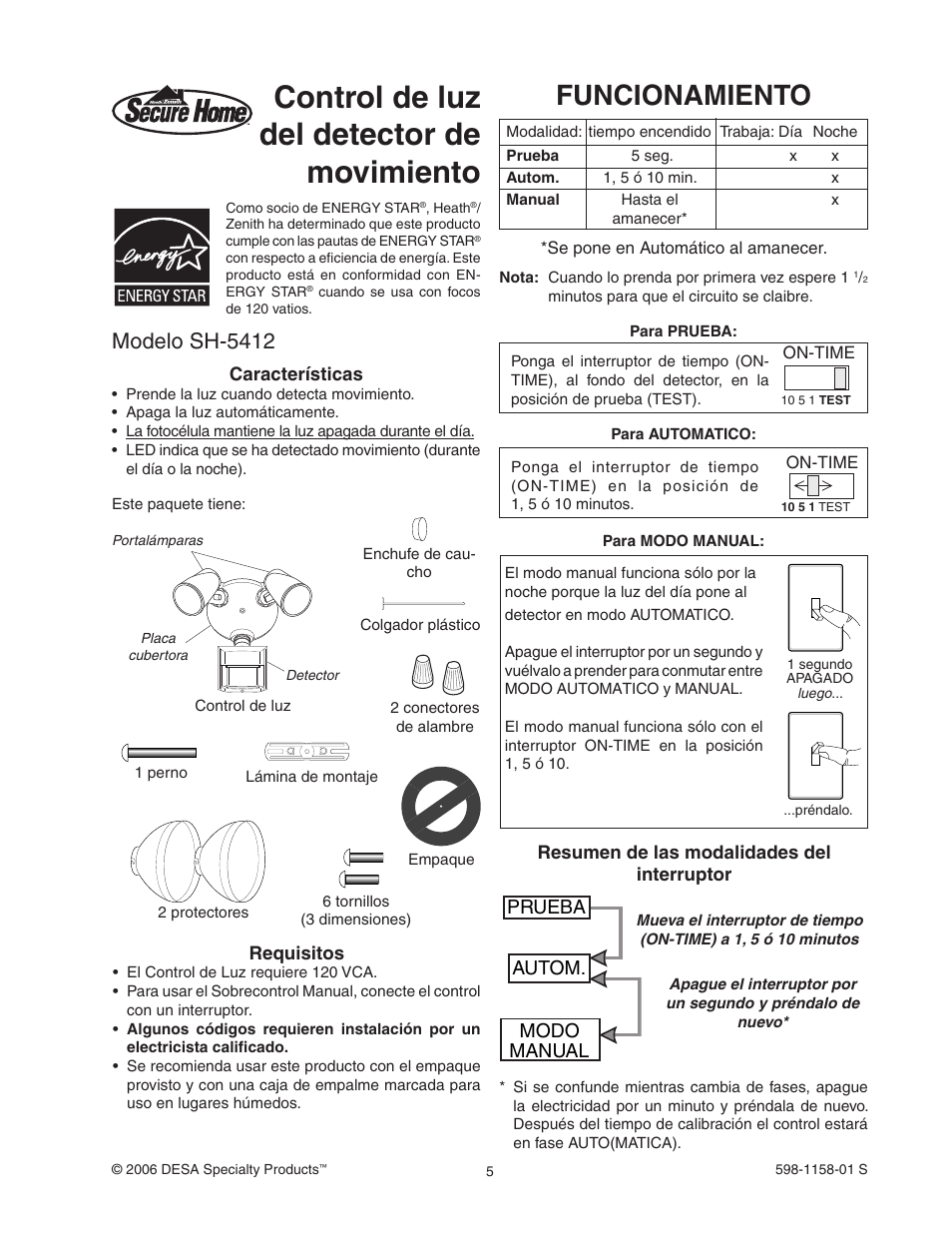 Control de luz del detector de movimiento, Funcionamiento, Modelo sh-5412 | Prueba autom. modo manual | Desa SH-5412 User Manual | Page 5 / 8