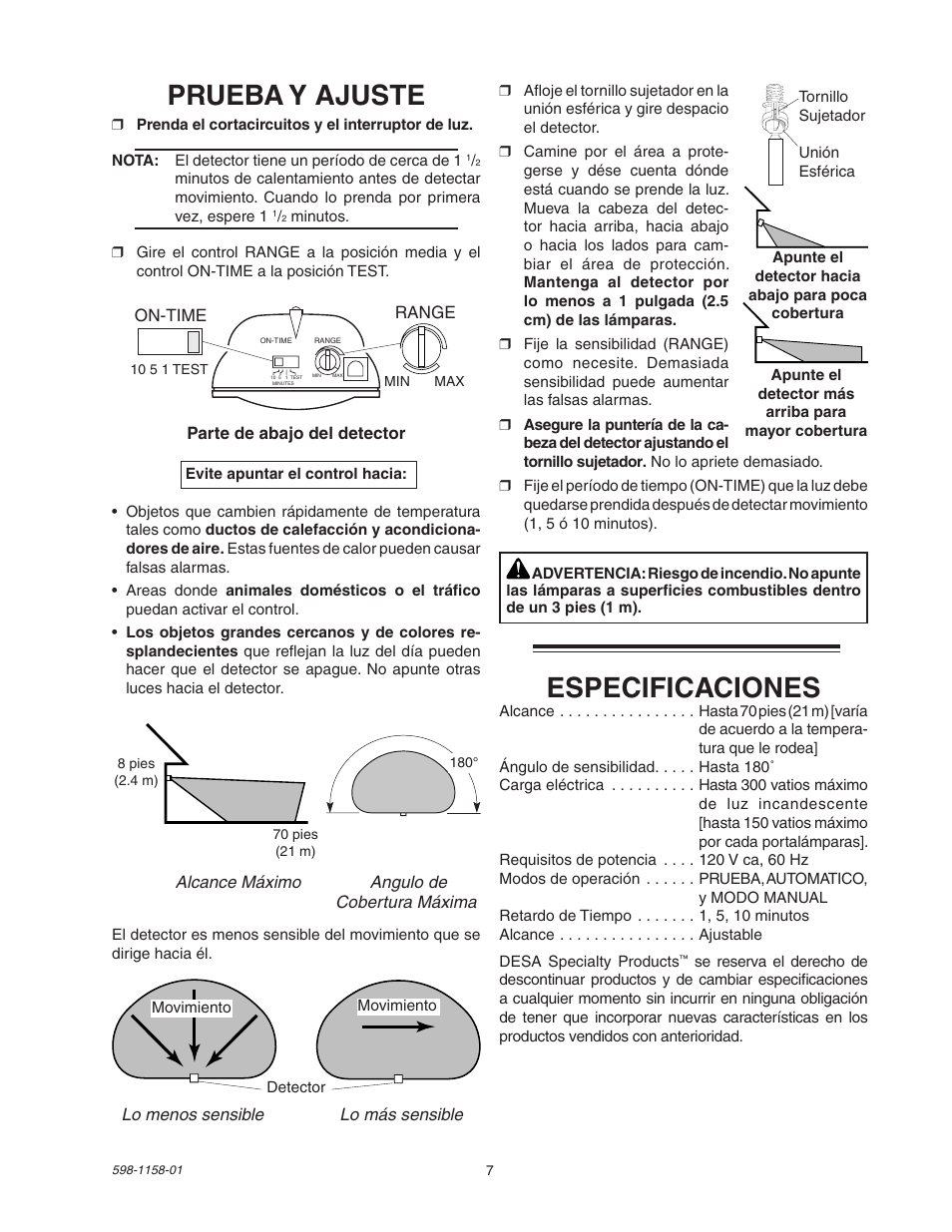 Prueba y ajuste, Especificaciones | Desa SH-5412 User Manual | Page 7 / 8