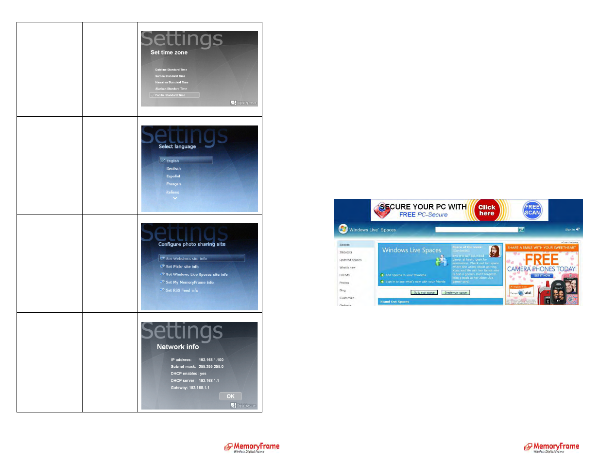 Retrieve your pictures, C. from windows live space get a free account, Configure digital picture frame | Digital Spectrum MemoryFrame MF-8115 User Manual | Page 14 / 18